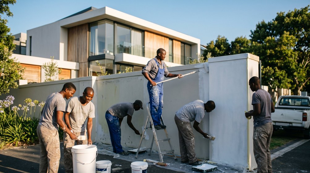 Professional team painting a boundary wall at a modern home in Oranjezicht
