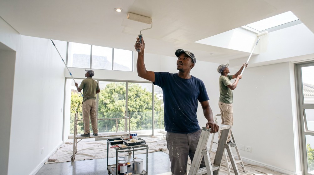 Professional ceiling painters rolling white paint onto a high ceiling in Oranjezicht