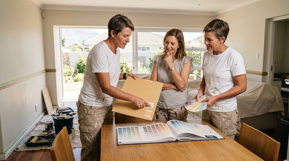 Professional colour consultant showing paint swatches to a homeowner in Oranjezicht
