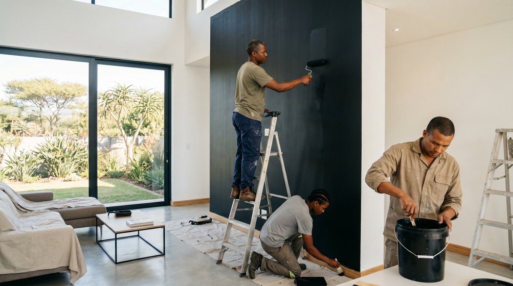 Professional painters creating a bold black feature wall in a modern Oranjezicht home