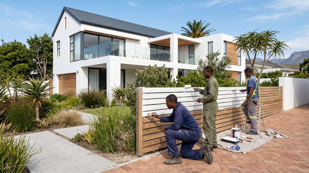 Professional fence painters painting a wooden fence at a coastal home in Oranjezicht