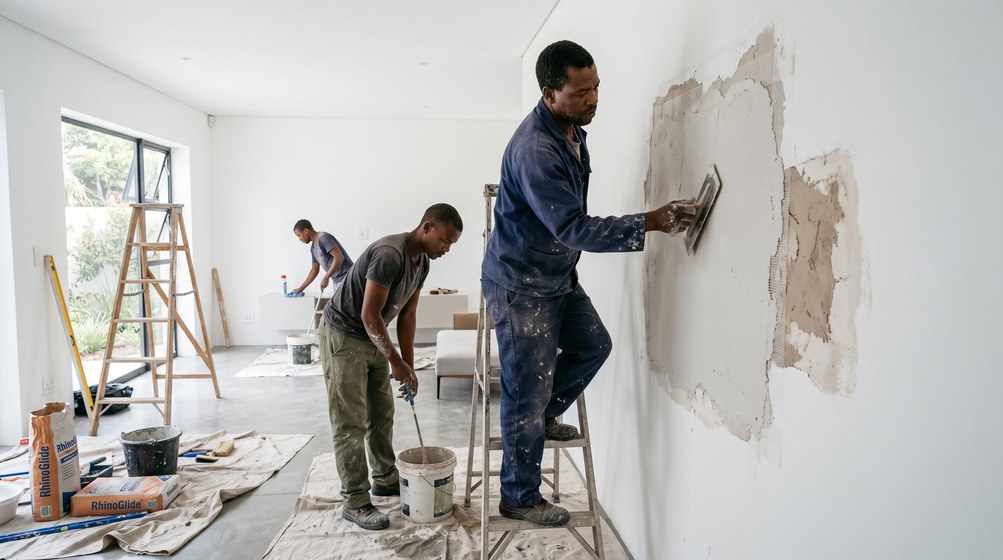 Professional plaster repair team skim coating damaged walls in Oranjezicht
