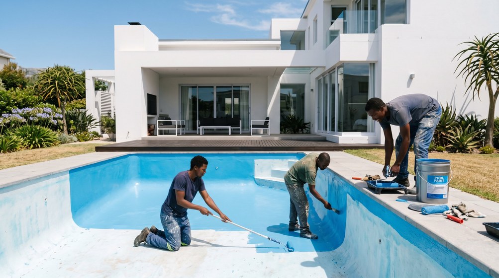 Professional pool painters applying blue pool paint to a swimming pool in Oranjezicht