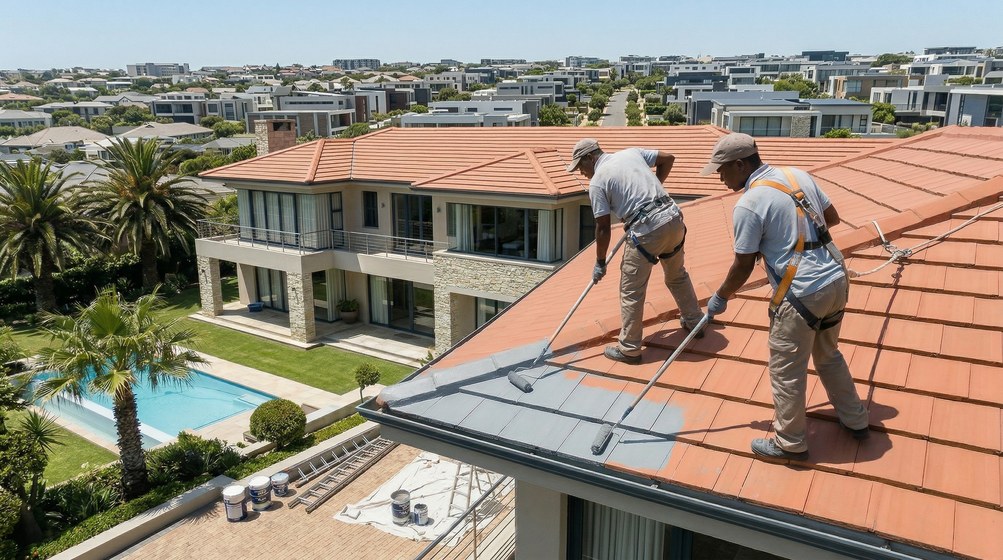 Professional roof painters applying waterproof coating to tiled roof in Oranjezicht