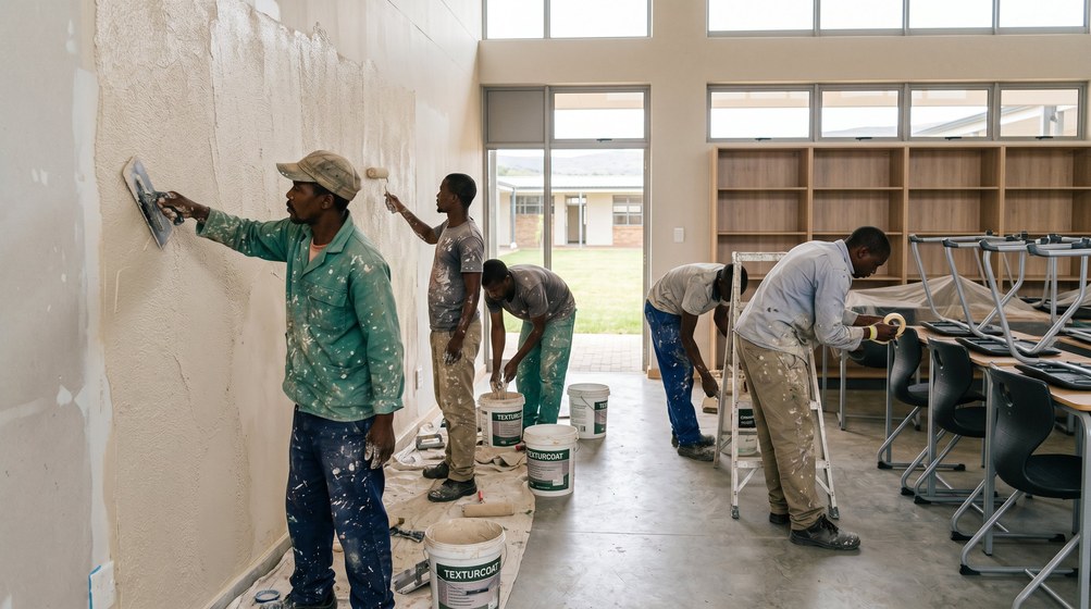 Professional texture coating team applying Texturcoat to interior walls in Oranjezicht