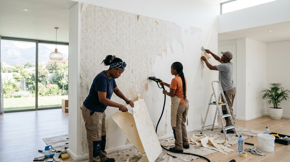 Professional wallpaper removal team stripping old wallpaper in a Oranjezicht home
