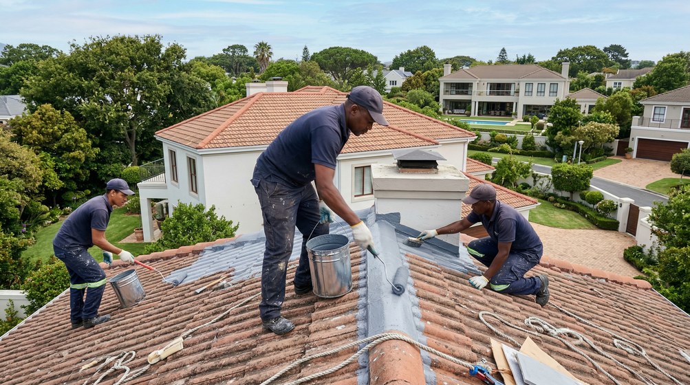 Professional waterproofing team applying membrane to roof in Oranjezicht