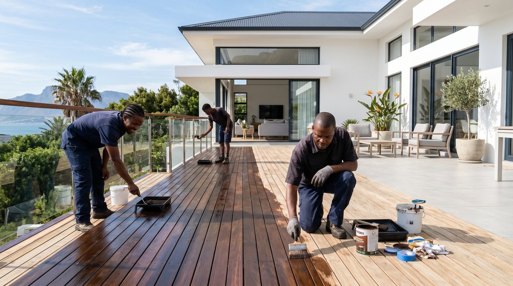 Professional wood staining team applying deck stain overlooking the ocean in Oranjezicht